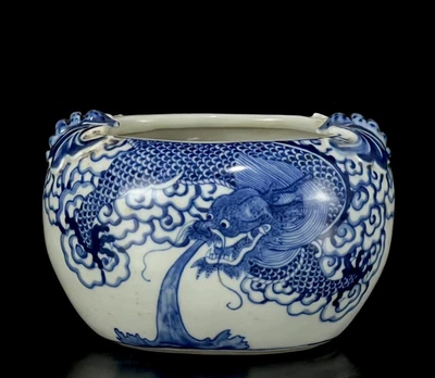Kangxi Signed Old Chinese Blue and White Brush Washer W/dragon N1097