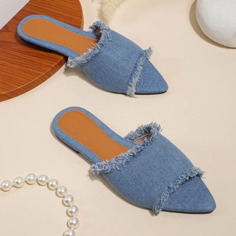 Women Flats Cowboy Slippers Fashion Beach Dress Shoes  Summer Femme Pointed Toe Flip Flops New Casual Slides