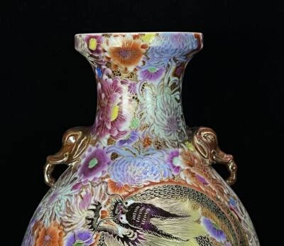 43CM Qianlong Signed Old Chinese Famille Rose Vase W/dragon N472