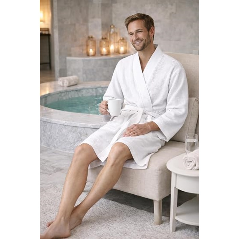 Turkish Linen Men's Waffle Bathrobe Lightweight Kimono Spa Robe