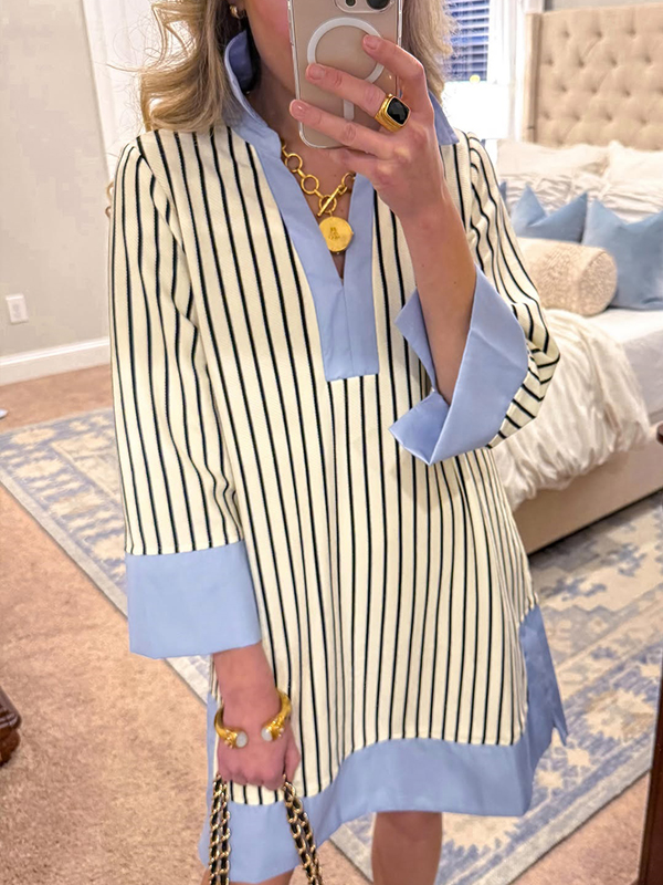 🌲🔥 Striped Split V Neck Collared Shirt Dress