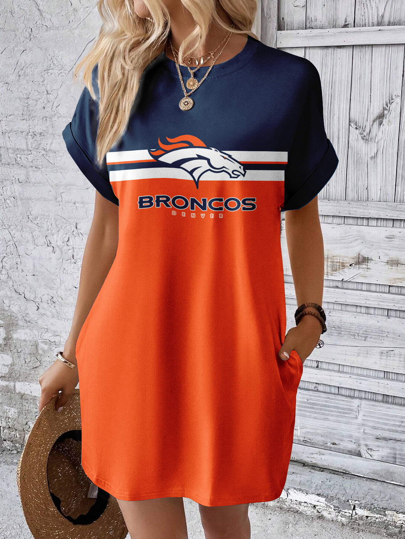 Denver Broncos Solid Hidden Pocket Batwing Sleeve Tee Dress-Denver Broncos