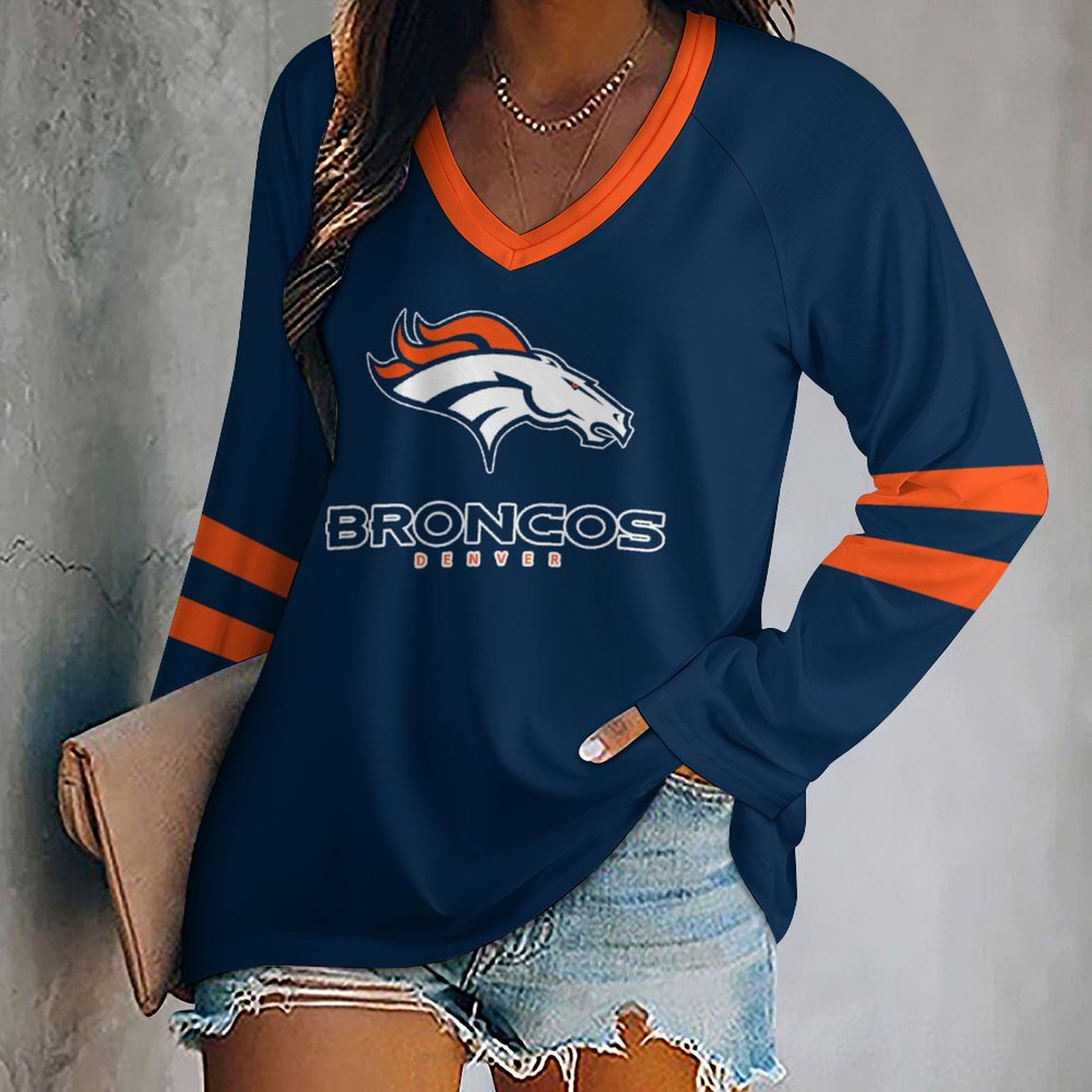 Denver Broncos Women's V-neck Double-layered Long-sleeved Loose T-shirt-Denver Broncos