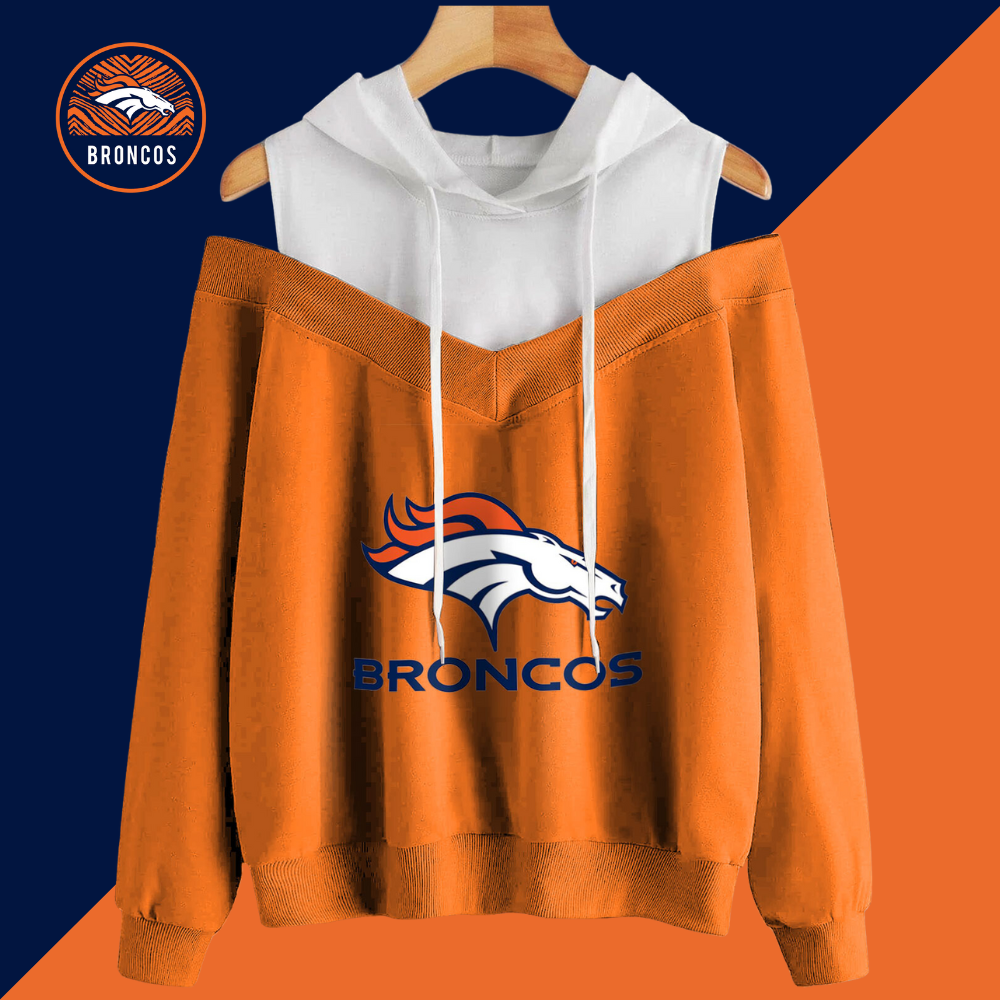 2 In 1 Colorblock Cold Shoulder Hoodie-Denver Broncos