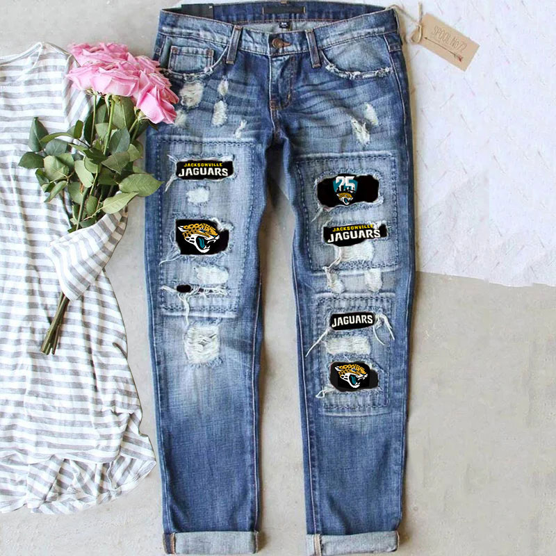 Casual fashion perforated printed jeans-Jacksonville Jaguars