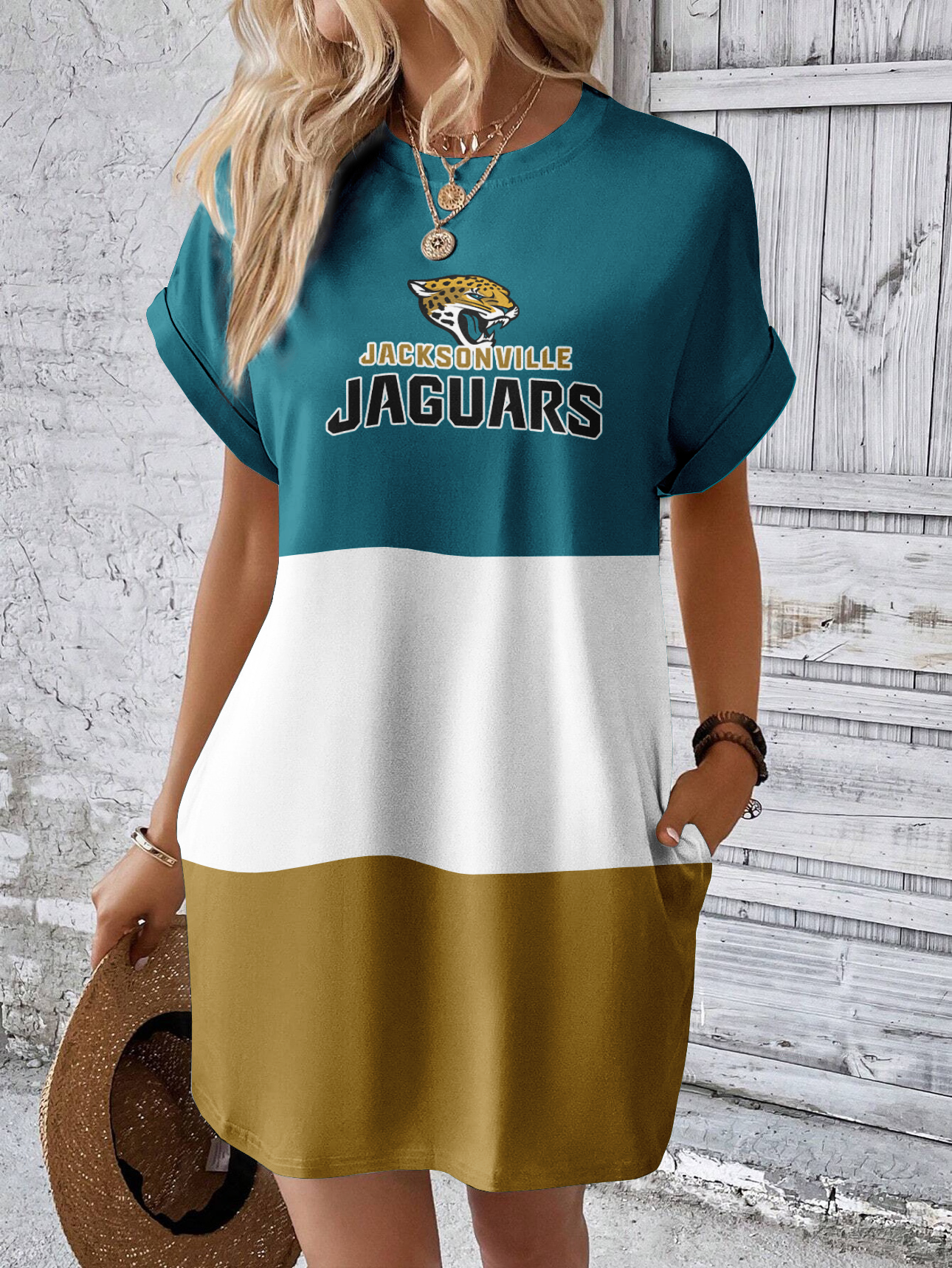 Jacksonville Jaguars Solid Hidden Pocket Batwing Sleeve Tee Dress-Jacksonville Jaguars