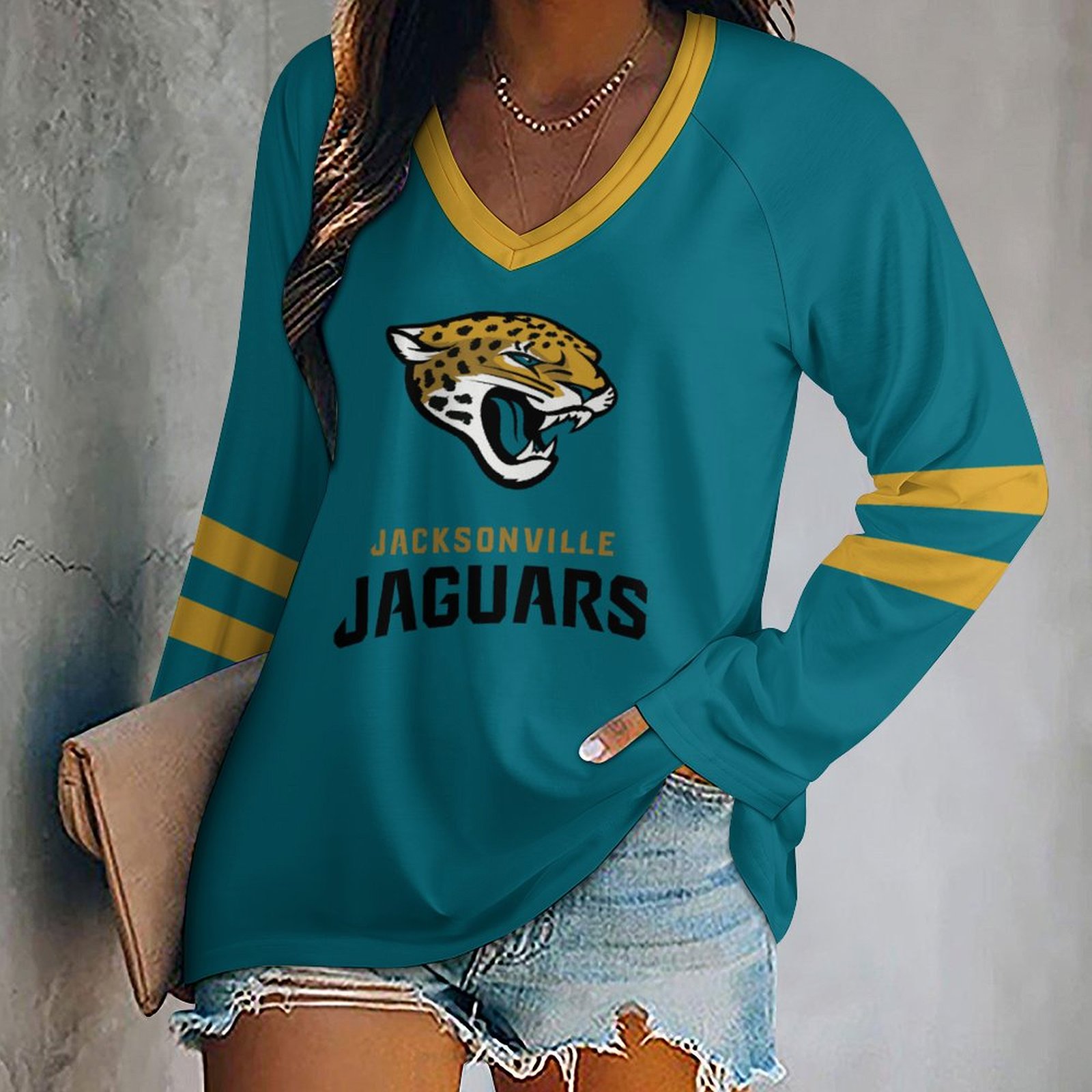 Jacksonville Jaguars Women's V-neck Double-layered Long-sleeved Loose T-shirt-Jacksonville Jaguars
