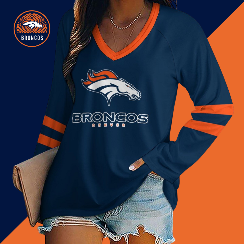 Denver Broncos Women's V-neck Double-layered Long-sleeved Loose T-shirt-Denver Broncos