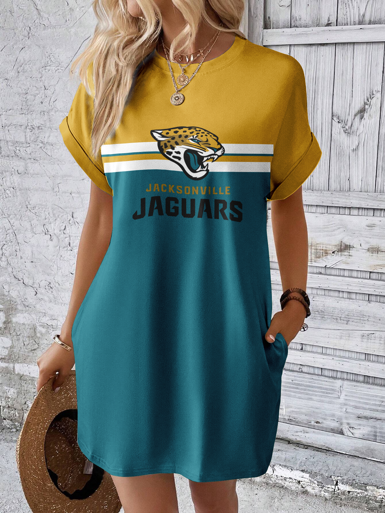 Jacksonville Jaguars Solid Hidden Pocket Batwing Sleeve Tee Dress-Jacksonville Jaguars