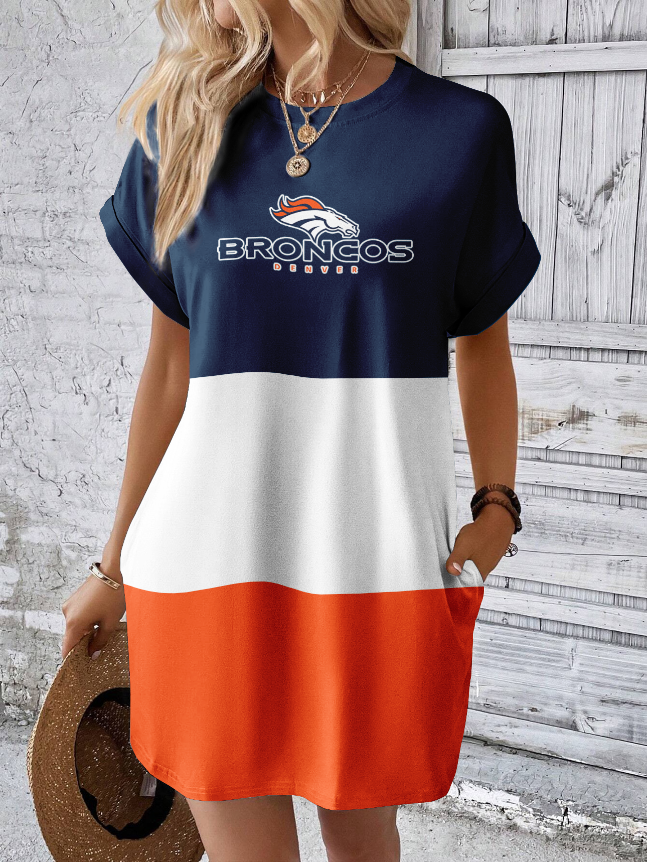 Denver Broncos Solid Hidden Pocket Batwing Sleeve Tee Dress-Denver Broncos