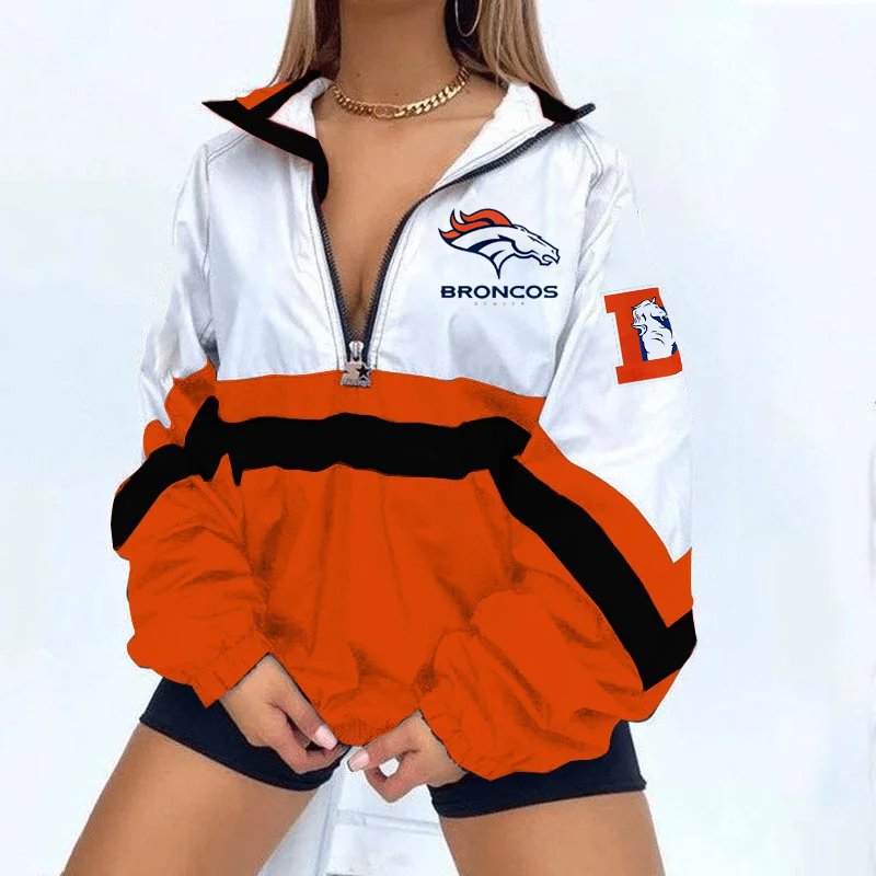 Women's Football Print V Neck Zipper Sweatshirt Jacket-Denver Broncos