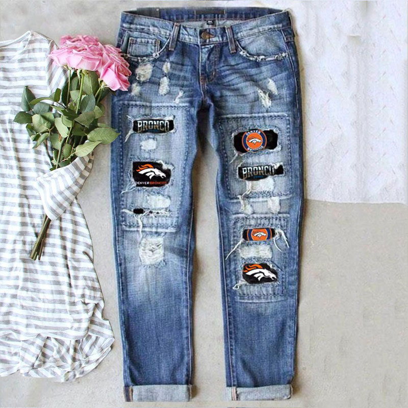 Casual fashion perforated printed jeans-Denver Broncos