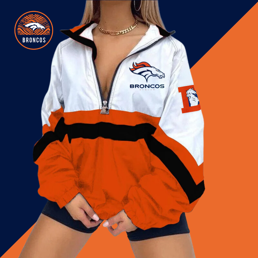 Women's Football Print V Neck Zipper Sweatshirt Jacket-Denver Broncos