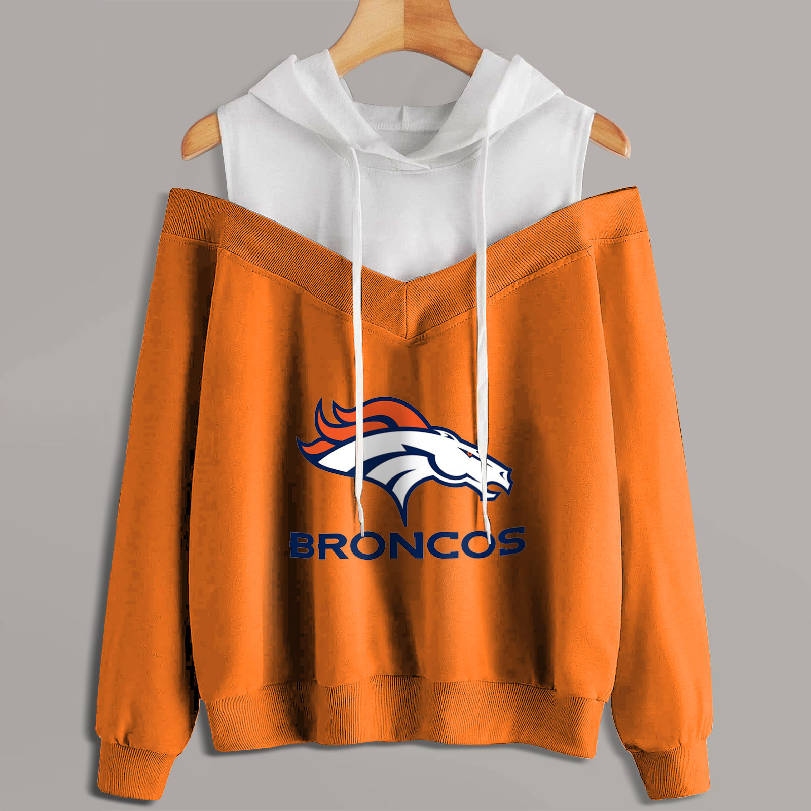 2 In 1 Colorblock Cold Shoulder Hoodie-Denver Broncos