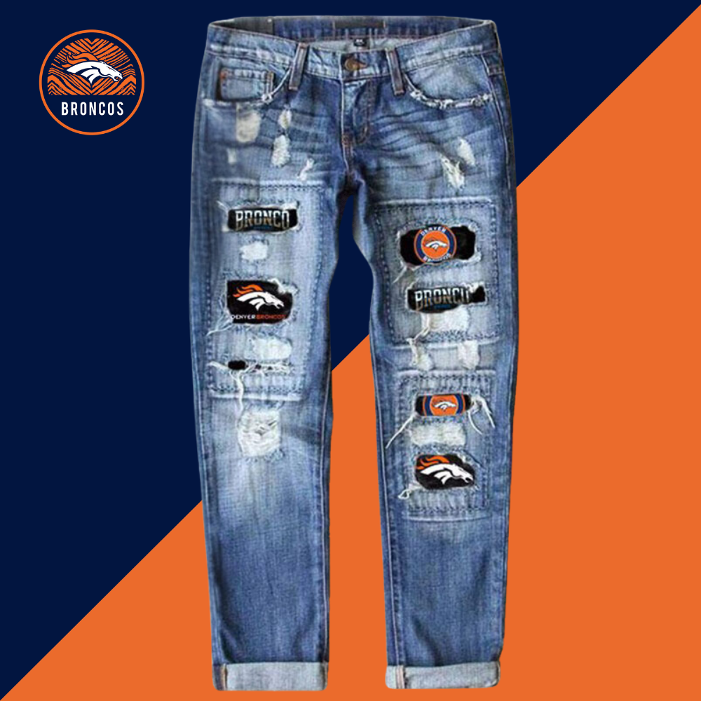 Casual fashion perforated printed jeans-Denver Broncos