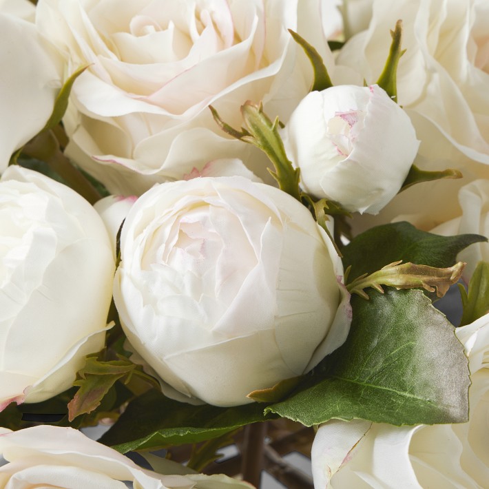 Faux White Rose Arrangement in Square Vase