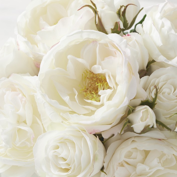 Faux White Rose Arrangement in Small Square Vase