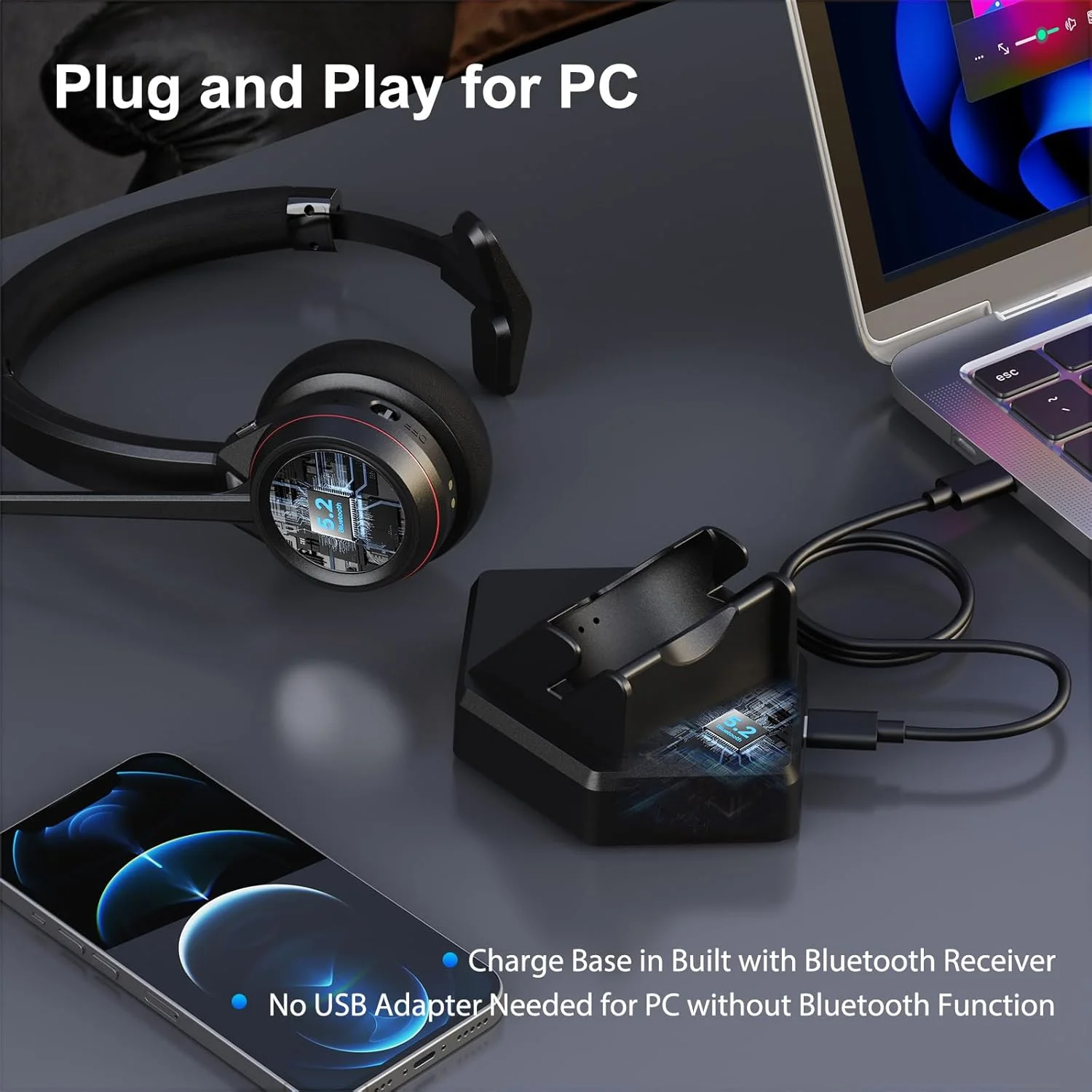 Bluetooth Headset with Microphone & Mute Button, 30 Hrs Working Time, Mono Noise Cancelling for PC Laptop Teams Zooms Work Business Meeting