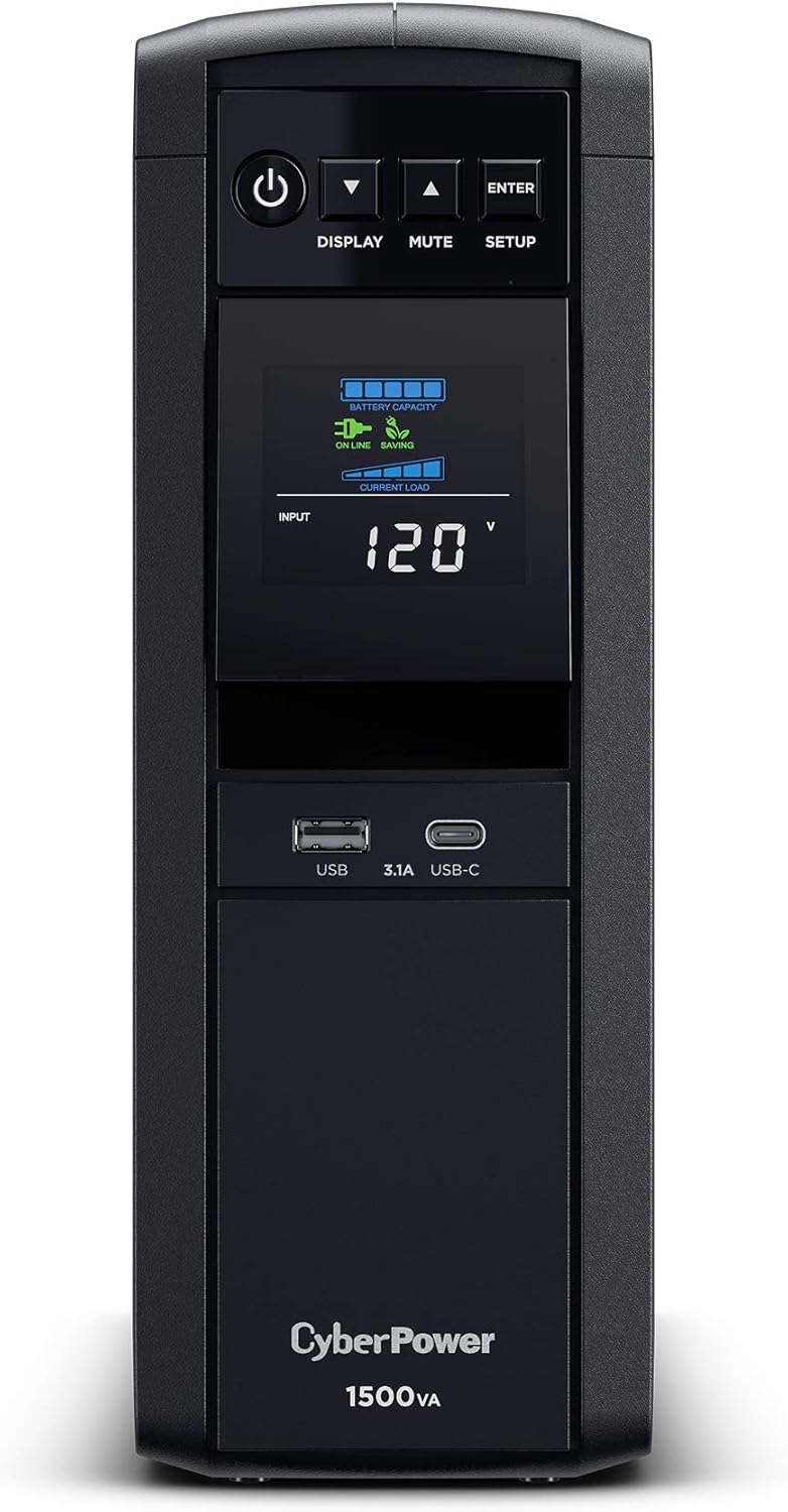 CyberPower CP1500PFCLCD PFC Sinewave UPS System, 1500VA/1000W, 12 Outlets, AVR, Mini Tower,Black