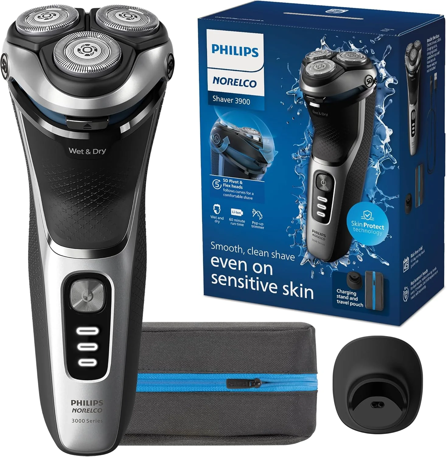 Philips Norelco Shaver 3600 Series, Wet and Dry Electric Shaver, P-Cap, Travel Pouch, Storm Blue, Model S3243/91