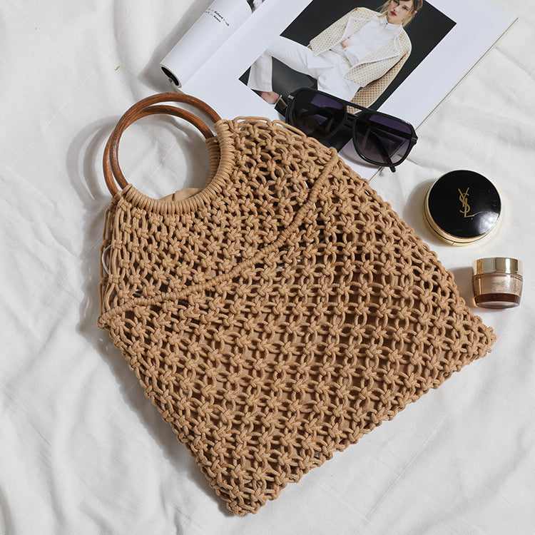 Rattan Handle Hollow Cotton Thread Bag