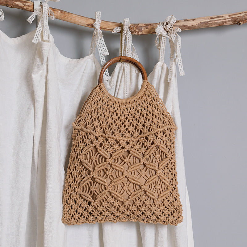 Rattan Handle Hollow Cotton Thread Bag