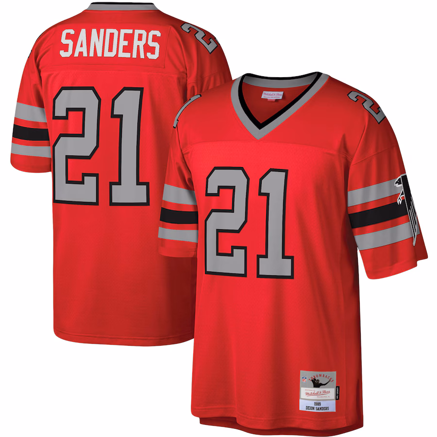 Special Offer - Men's Atlanta Falcons Deion Sanders Mitchell & Ness White Legacy Replica Jersey