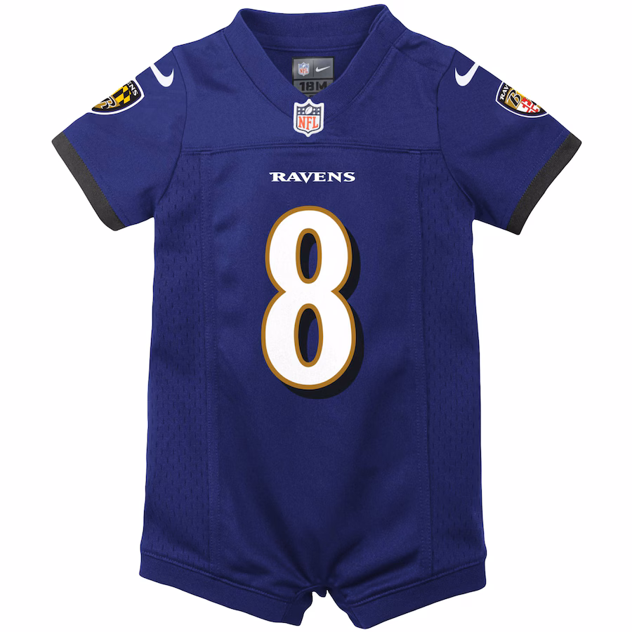 Special Offer - Newborn & Infant Baltimore Ravens Lamar Jackson Nike Purple Romper Jersey