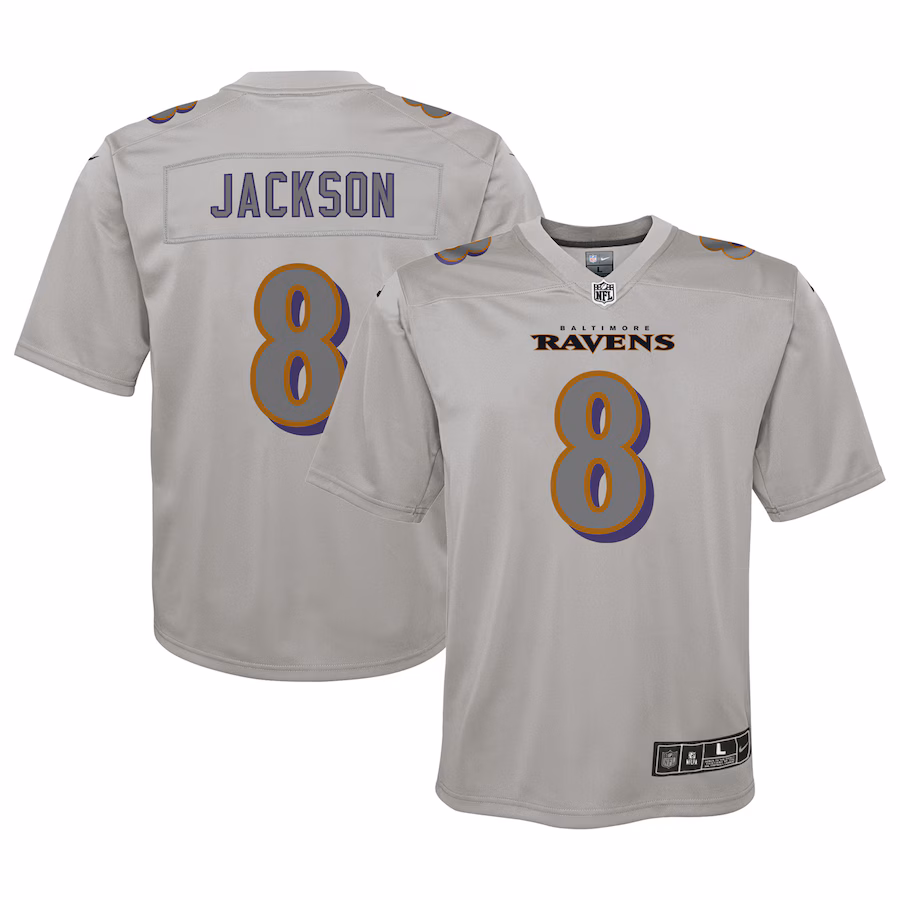 Special Offer - Youth Baltimore Ravens Lamar Jackson Nike Gray Atmosphere Fashion Game Jersey
