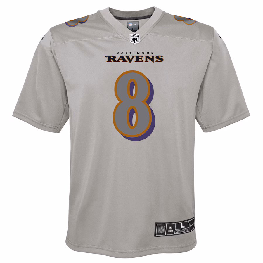 Special Offer - Youth Baltimore Ravens Lamar Jackson Nike Gray Atmosphere Fashion Game Jersey