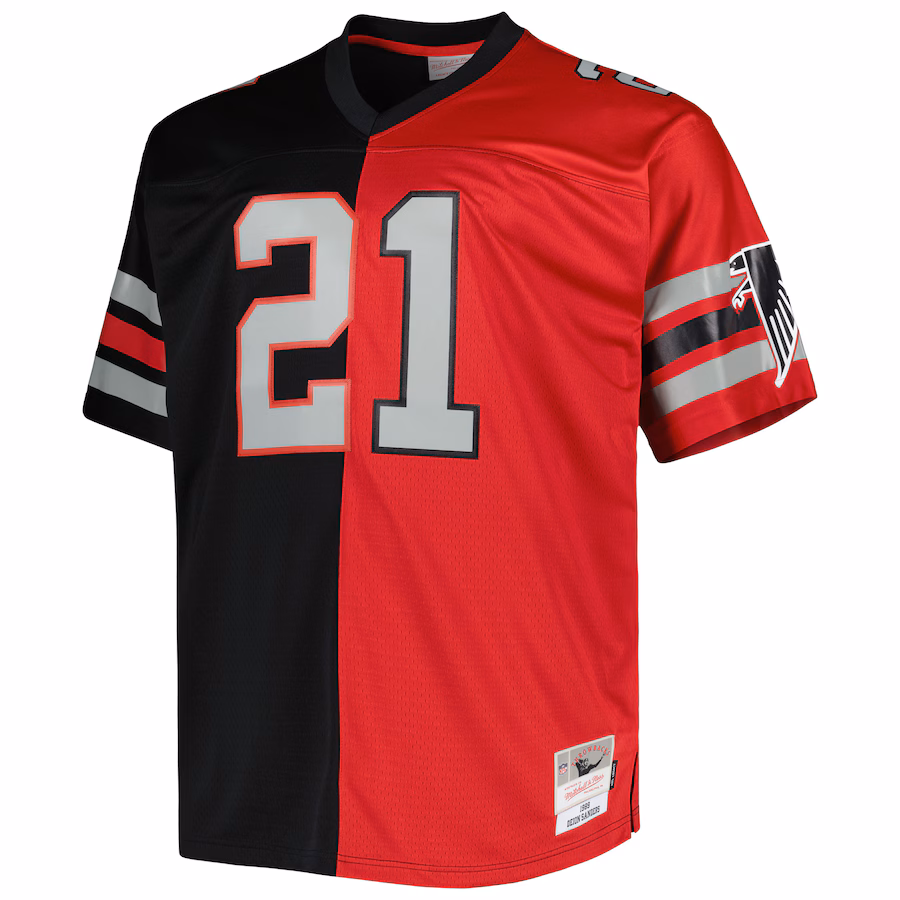 Men's Atlanta Falcons Deion Sanders Mitchell & Ness Black/Red Big & Tall Split Legacy Retired Player Replica Jersey
