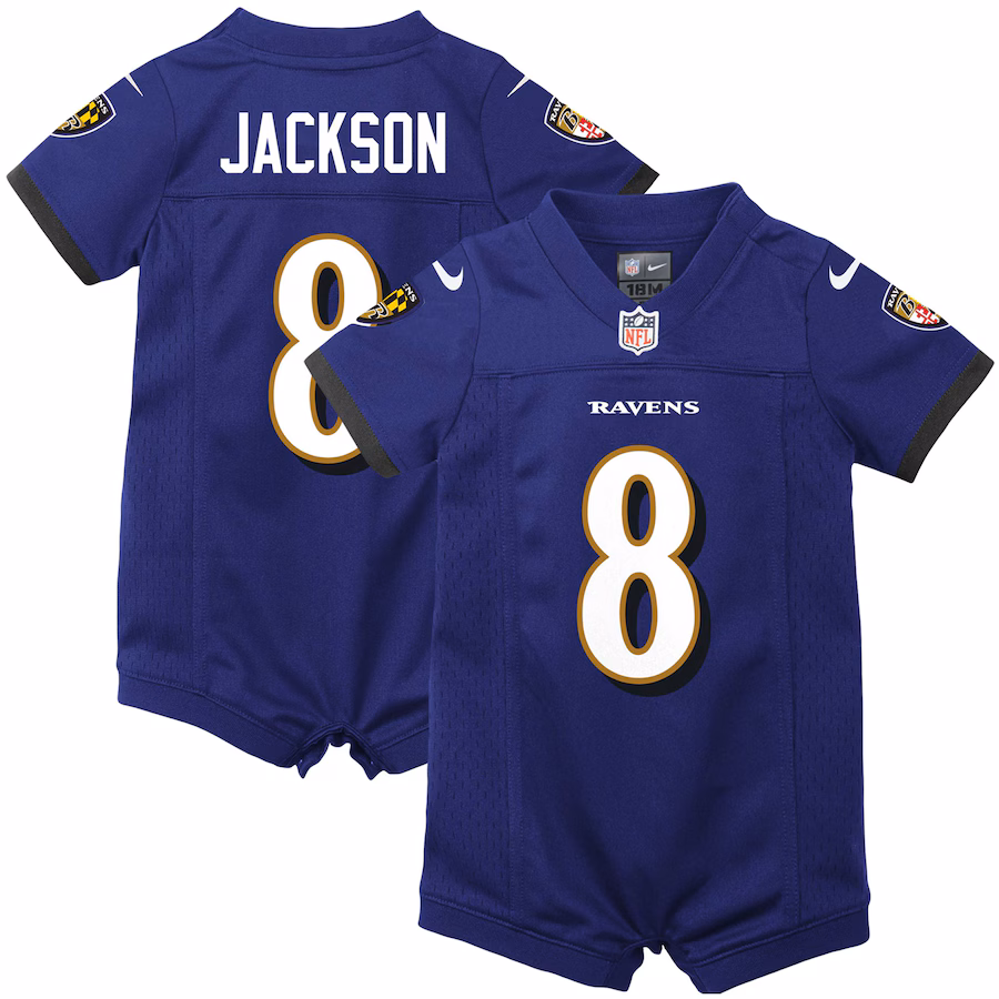 Special Offer - Newborn & Infant Baltimore Ravens Lamar Jackson Nike Purple Romper Jersey