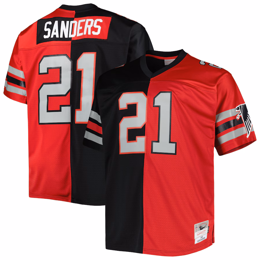 Men's Atlanta Falcons Deion Sanders Mitchell & Ness Black/Red Big & Tall Split Legacy Retired Player Replica Jersey