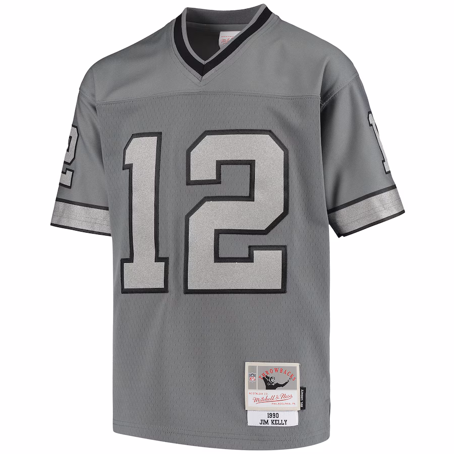 Special Offer - Youth Buffalo Bills Jim Kelly Mitchell & Ness Charcoal 1990 Retired Player Metal Replica Jersey