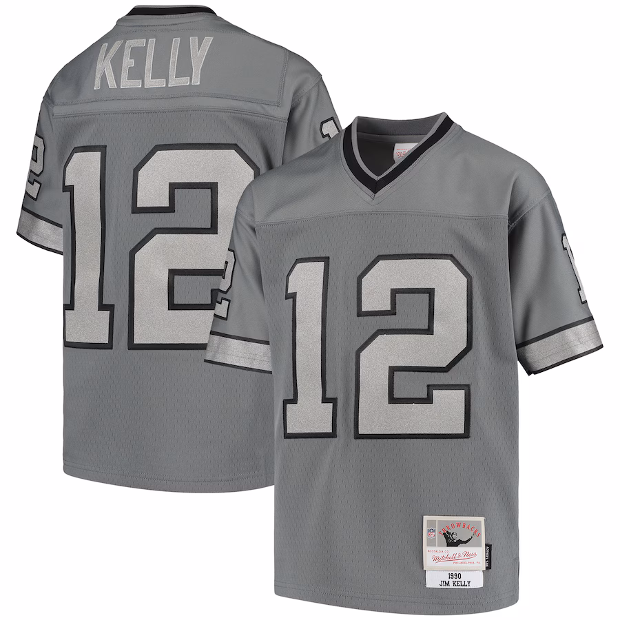 Special Offer - Youth Buffalo Bills Jim Kelly Mitchell & Ness Charcoal 1990 Retired Player Metal Replica Jersey