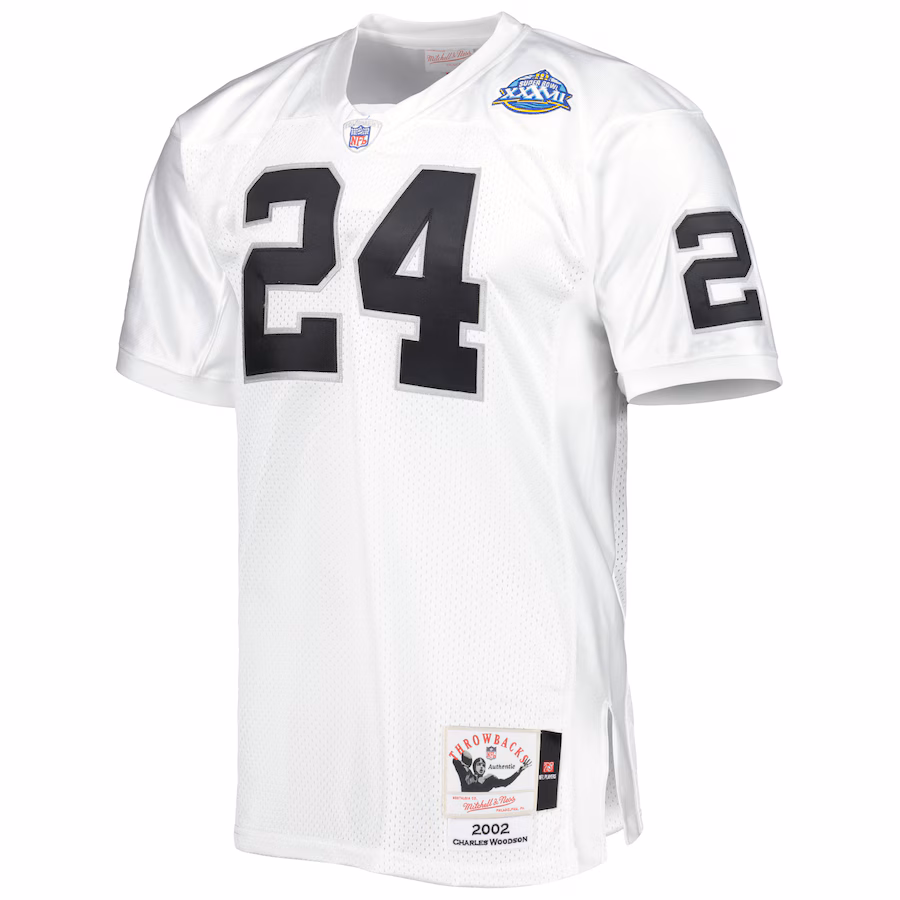 Men's Las Vegas Raiders 2002 Charles Woodson Mitchell & Ness White Authentic Throwback Retired Player Jersey