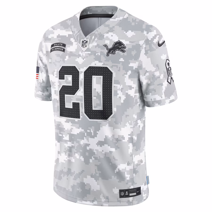 Men's Detroit Lions Barry Sanders Nike Arctic Camo 2024 Salute to Service Retired Player Limited Jersey