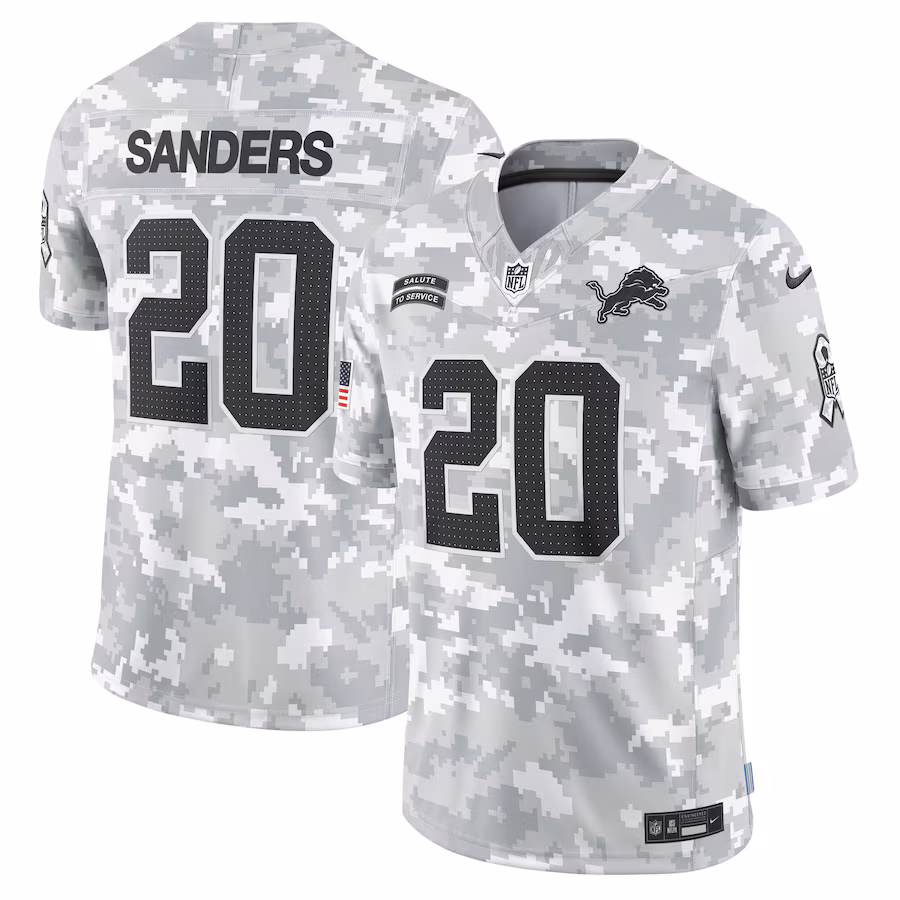 Men's Detroit Lions Barry Sanders Nike Arctic Camo 2024 Salute to Service Retired Player Limited Jersey