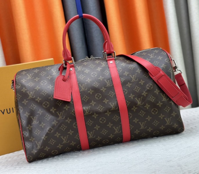 Louis Vuitton Monogram Macassar Canvas Keepall Bandouliere 50 In Sari Red - Louis Vuitton