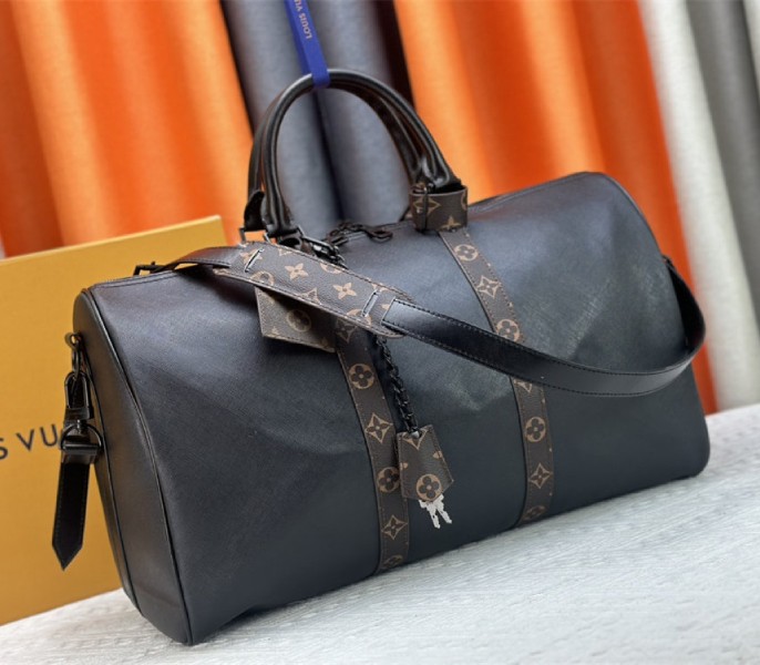 Louis Vuitton Taiga Leather Keepall Bandouliere 45 In Black And Monogram Macassar Canvas - Louis Vuitton