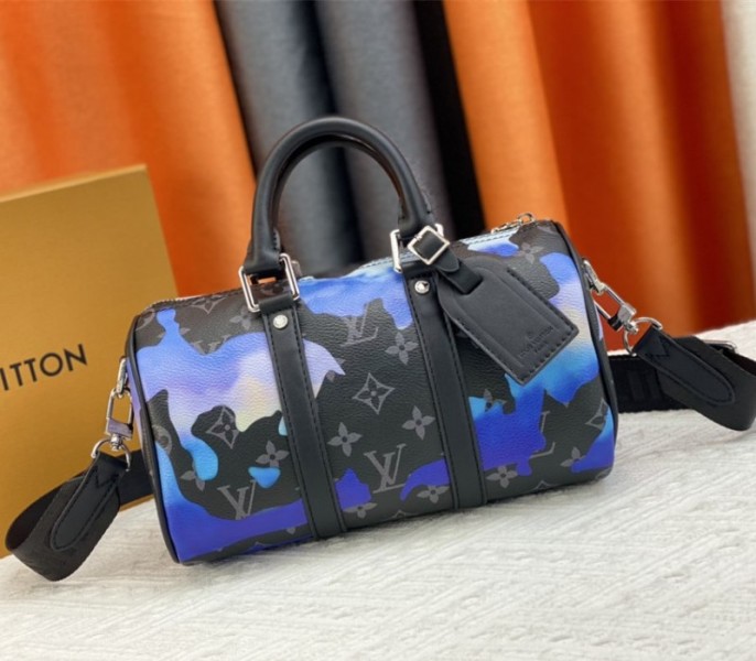Louis Vuitton Monogram Eclipse Keepall Bandouliere 25 Travel Bag In Blue And Purple Sunrise - Louis Vuitton