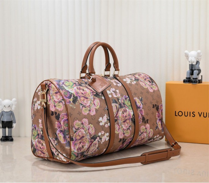 Louis Vuitton Keepall Bandouliere 50 Travel Bag In Brown With Floral Pattern - Louis Vuitton