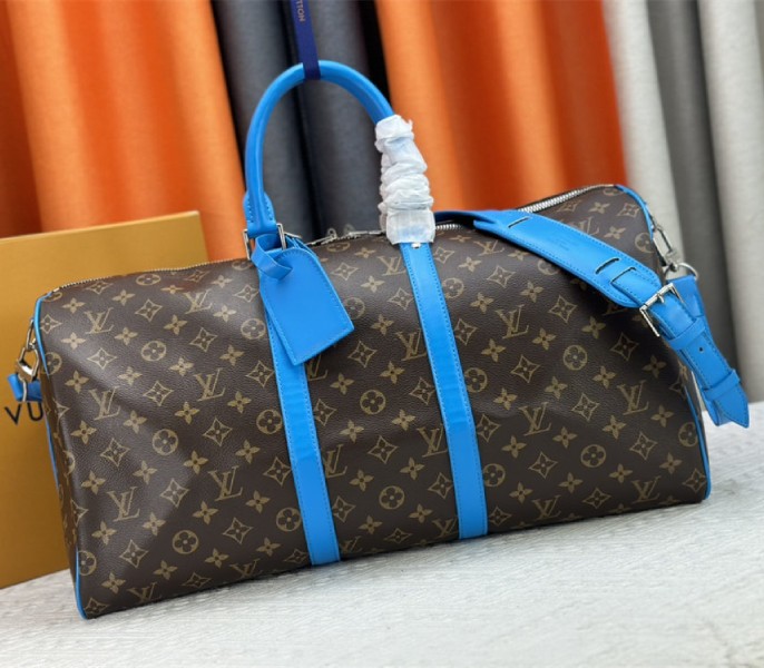 Louis Vuitton Monogram Macassar Canvas Keepall Bandouliere 50 In Gaston Blue - Louis Vuitton