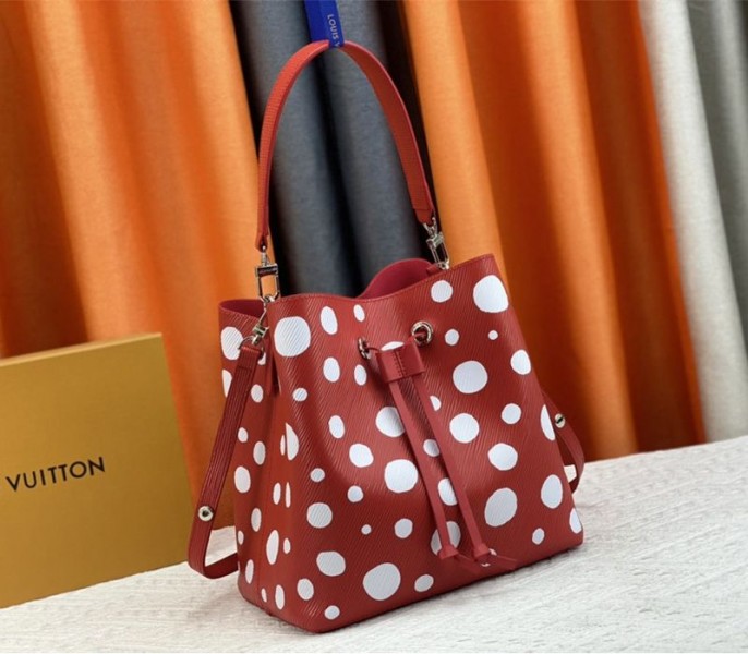 Louis Vuitton X YK Epi Leather NeoNoe MM Red Bag In White Infinity Dots - Louis Vuitton