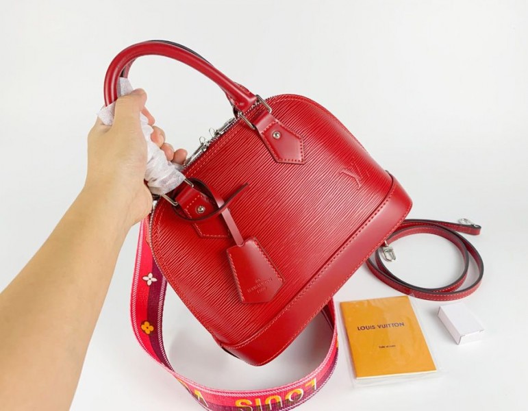 Louis Vuitton Epi Leather Alma BB Handbag In Red With Jacquard Strap - Louis Vuitton