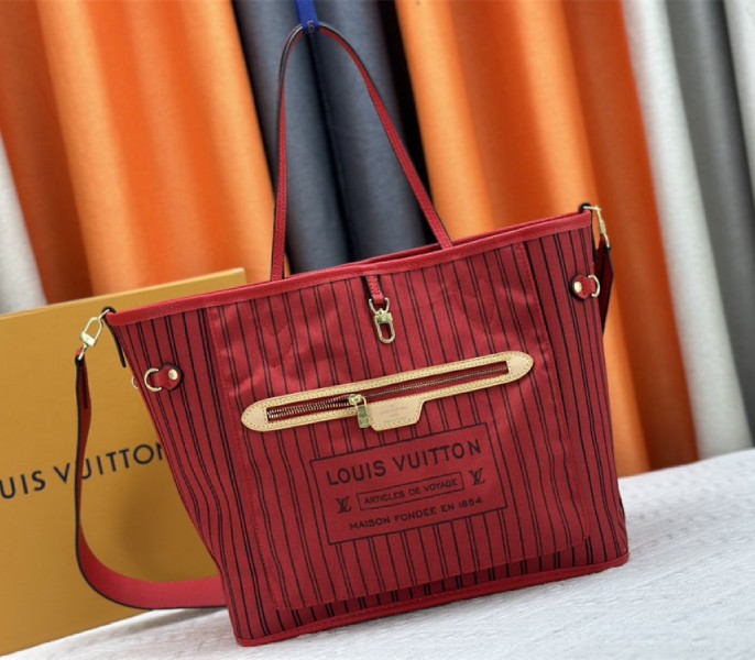 Louis Vuitton Neverfull Bandouliere Inside Out MM Tote In Monogram Canvas And Rouge Sari Textile - Louis Vuitton