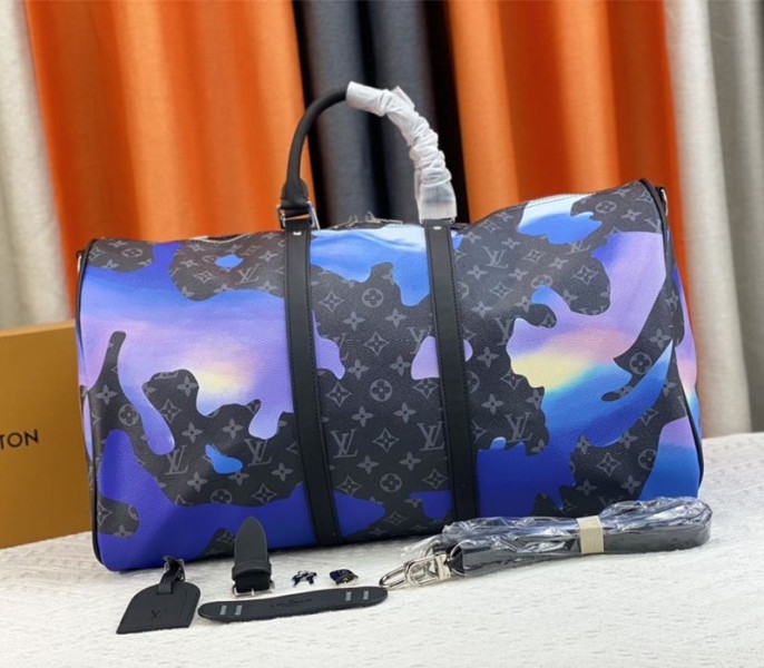Louis Vuitton Monogram Eclipse Keepall 55 Bandouliere Travel Bag In Blue Sunrise - Louis Vuitton