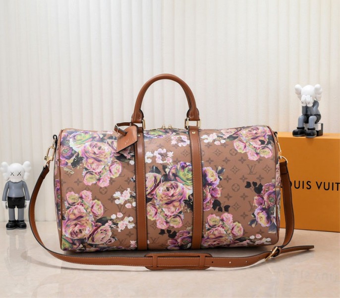 Louis Vuitton Keepall Bandouliere 50 Travel Bag In Brown With Floral Pattern - Louis Vuitton
