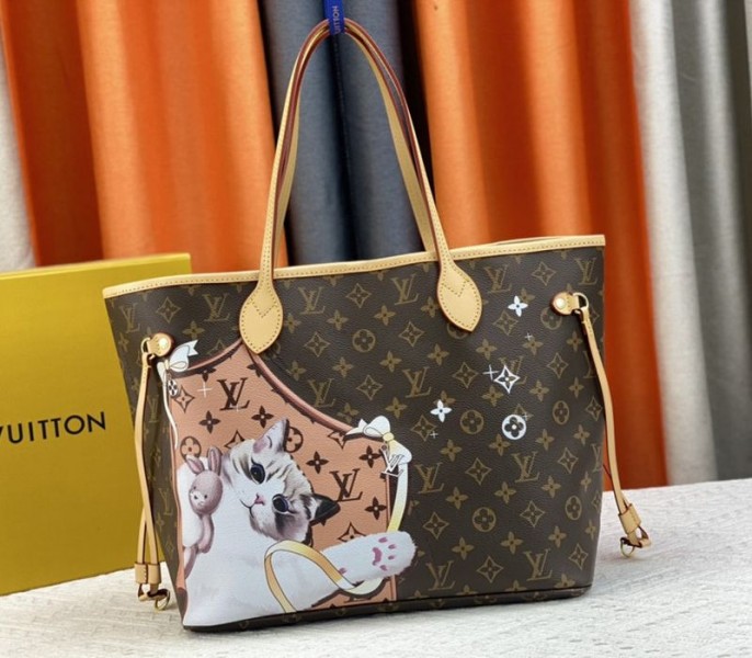 Louis Vuitton Monogram Canvas Neverfull MM Tote With Cat Print - Louis Vuitton