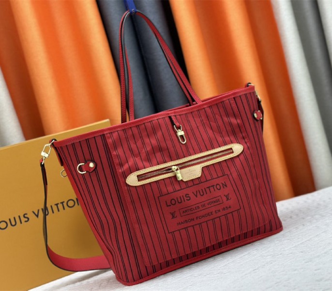Louis Vuitton Neverfull Bandouliere Inside Out MM Tote In Monogram Canvas And Rouge Sari Textile - Louis Vuitton